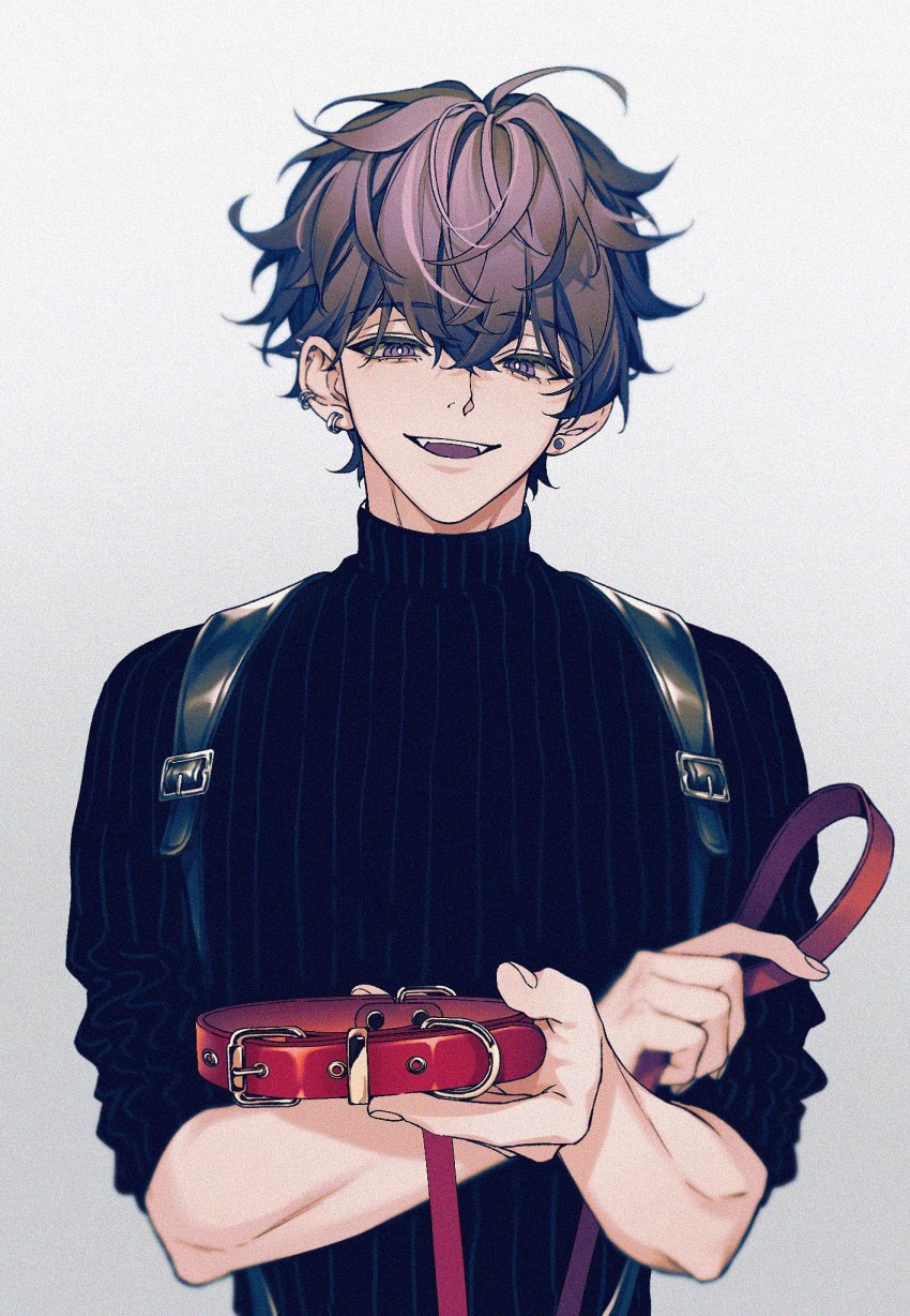 1boy, animal_collar, black_hair, black_sweater, collar, ear_piercing, earrings, grin