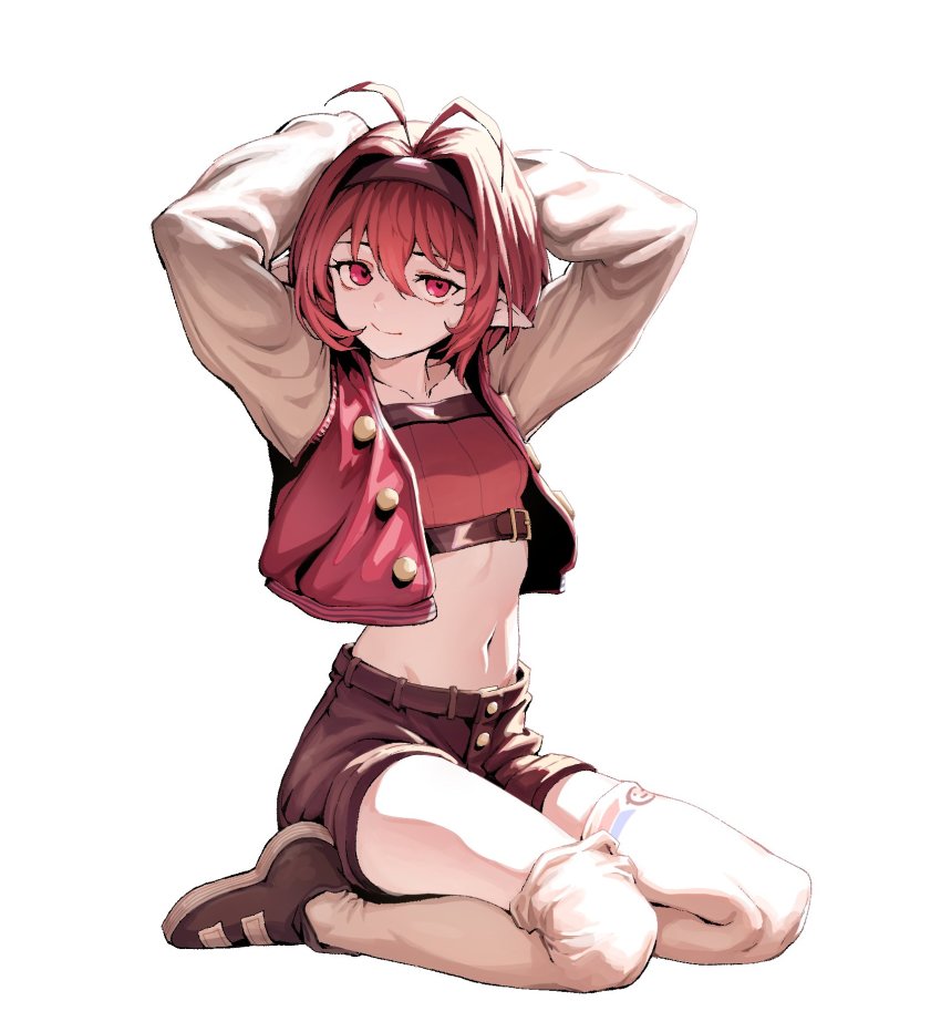 1girl, antenna_hair, arms_up, breasts, brown_footwear, closed_mouth, collarbone, crop_top