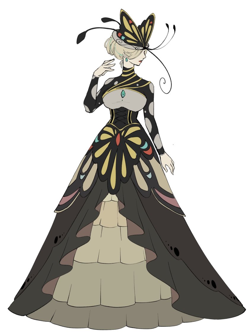 1girl, arm_at_side, beautifly, black_dress, blonde_hair, blue_gem, butterfly_hat_ornament, closed_mouth, covered_eyes, dress, framed_breasts, frilled_dress, frills, full_body, gem, gen_3_pokemon, hand_up, hat, hat_ornament, highres, layered_dress, lipstick, long_sleeves, makeup, nintendo, personification, pokemon, polka_dot, profile, simple_background, solo, standing, torori_toro_(oimo_kenpi), updo, white_background, wing_print