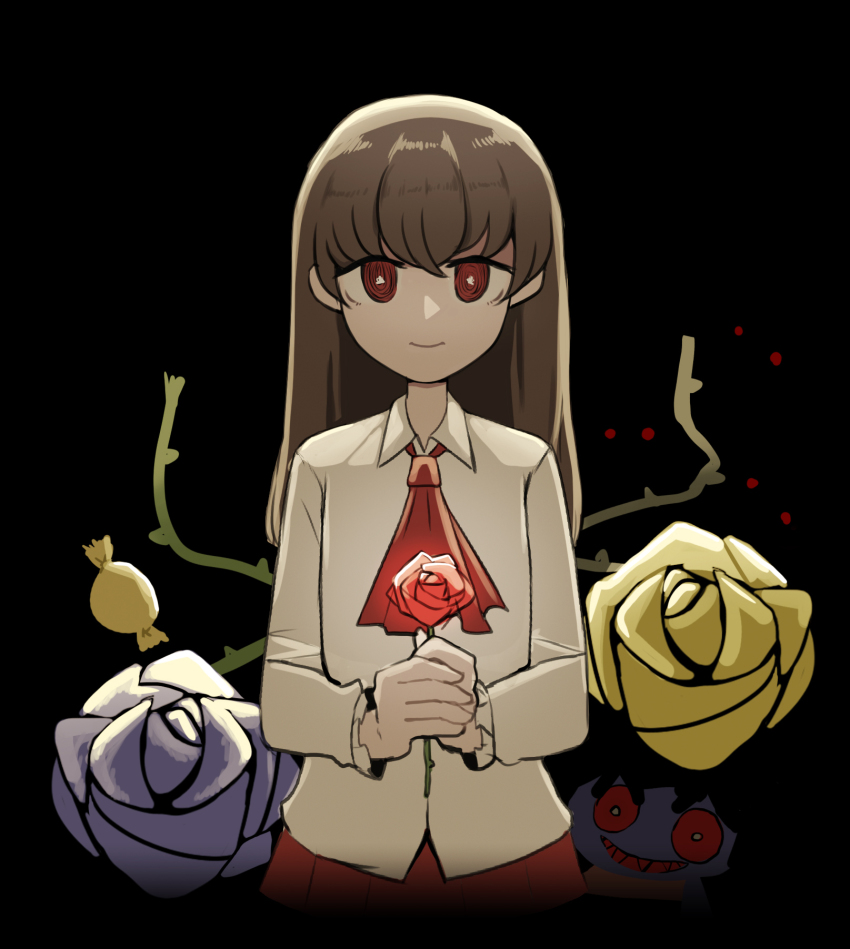 1girl, black_background, blue_flower, blue_rose, brown_hair, candy, doll, doll_(ib)