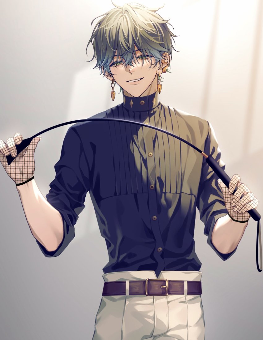 1boy, belt, black_shirt, dominator_(bdsm), earrings, fishnet_gloves, fishnets, gloves