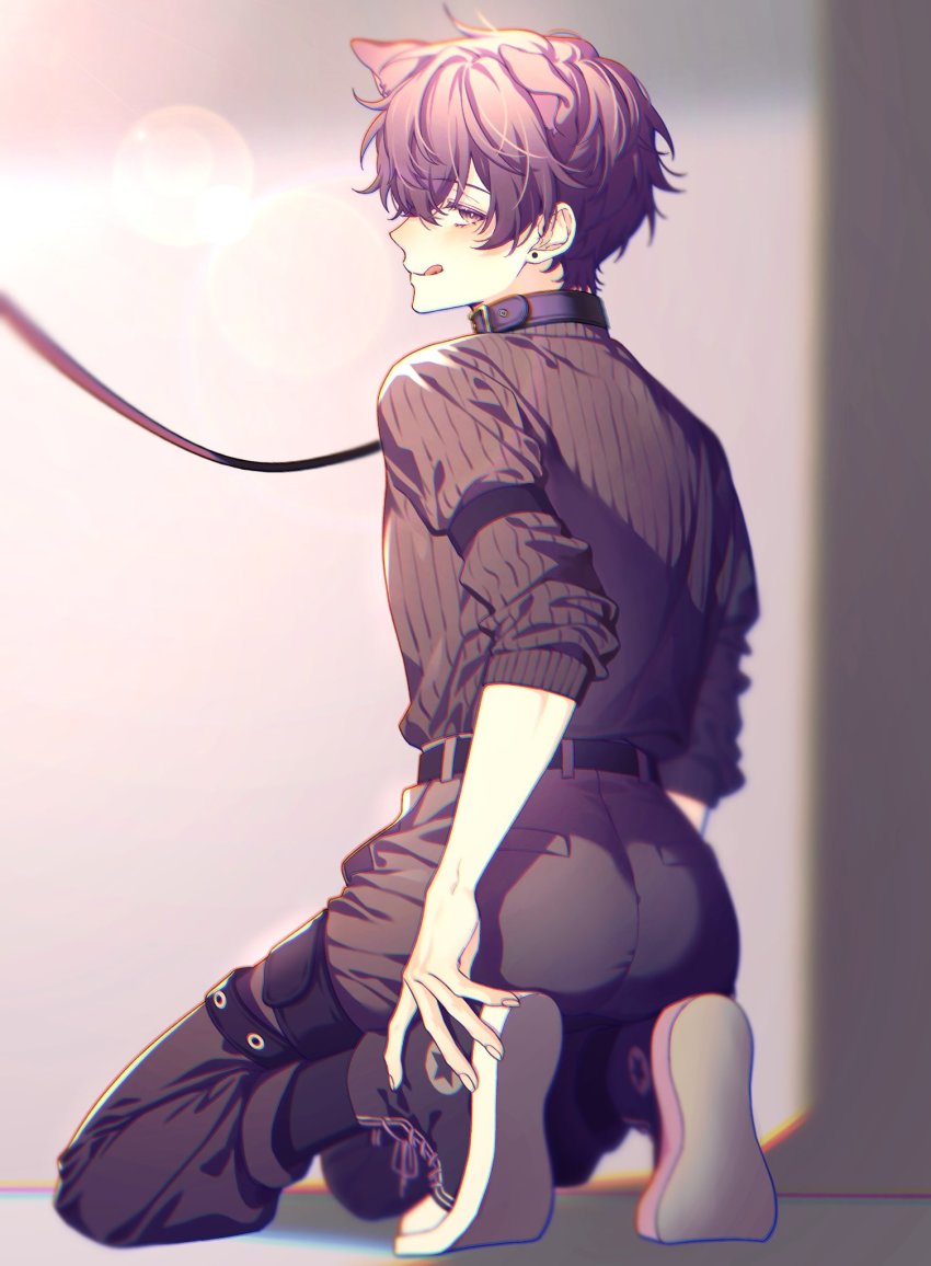 1boy, animal_collar, animal_ears, back, belt, black_belt, black_choker, black_footwear, black_pants, black_sweater, blush, choker, collar, cross-laced_footwear, dog_boy, dog_ears, earrings, full_body, heavyrain_dy, highres, indie_virtual_youtuber, jewelry, kneeling, leash, long_sleeves, looking_at_viewer, looking_back, male_focus, pants, purple_eyes, purple_hair, shadow, short_hair, shoto_(vtuber), simple_background, smile, sweater, thigh_strap, tongue, tongue_out, virtual_youtuber
