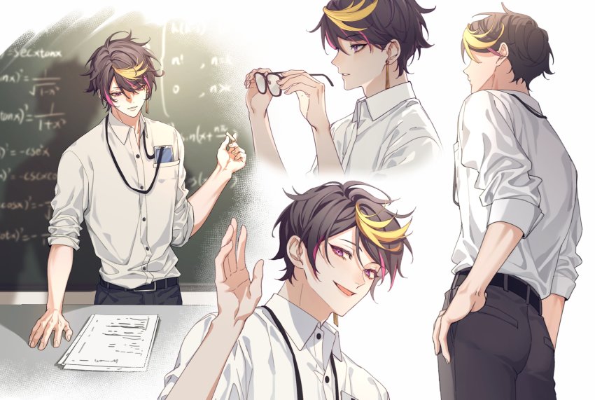 1boy, ass, belt, black_belt, black_pants, blonde_hair, brown_hair, crayon