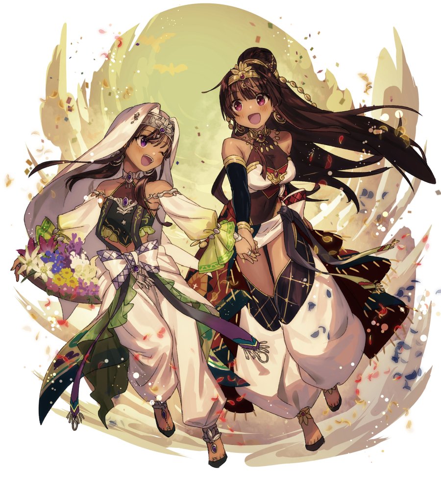 2girls, arabian_clothes, breasts, brown_hair, dunyazad_(grimms_notes), earrings, flower, full_body, grimms_notes, holding_hands, jewelry, long_hair, multiple_girls, necklace, one_eye_closed, open_mouth, ponytail, purple_eyes, ribbon, sacanahen, scheherazade_(grimms_notes), smile, teeth, tiara, turban