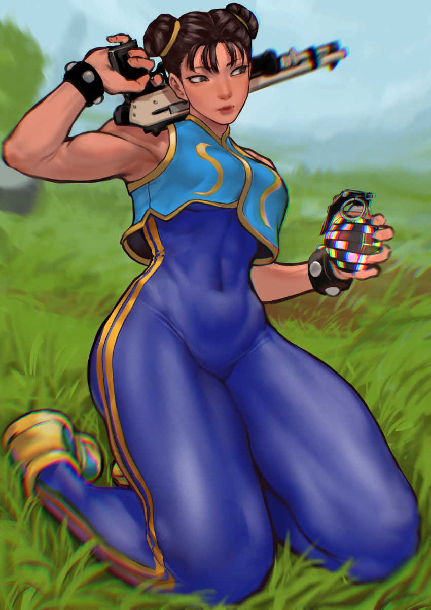 1girl, ayaki_blade, blue_bodysuit, blue_vest, bodysuit, bracelet, breasts, brown_hair