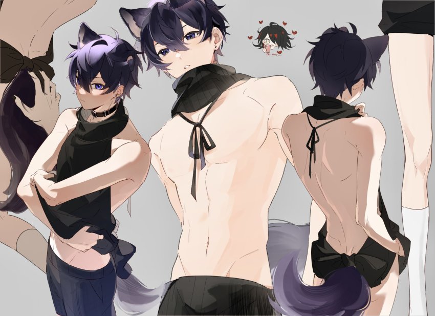 2boys, abs, animal_ears, back, backless_dress, backless_outfit, backwards_virgin_killer_sweater, black_choker, black_nails, black_sweater, boyshort_panties, choker, crossdressing, crossdressing_(mtf), dog_boy, dog_ears, dog_tail, drawstring, dress, earrings, grey_background, highres, holding, holding_phone, implied_yaoi, indie_virtual_youtuber, jewelry, looking_at_viewer, male_focus, multiple_boys, multiple_views, nail_polish, naked_sweater, navel, nijisanji, nijisanji_en, parted_lips, patklugwlfxw3h7, phone, purple_eyes, purple_hair, short_hair, shoto_(vtuber), socks, sweater, sweater_dress, tail, virgin_killer_sweater, virtual_youtuber, vox_akuma, yaoi