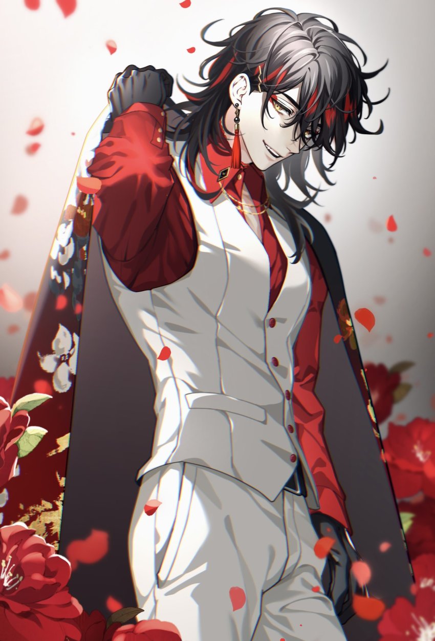 1boy, adjusting_clothes, belt, black_gloves, black_hair, earrings, eyeliner, floral_print