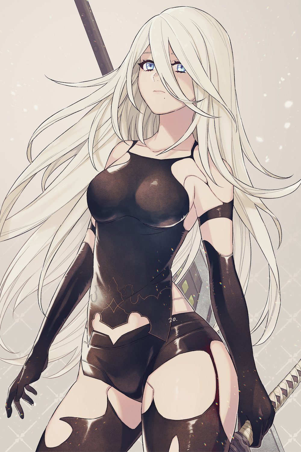 1girl, a2_(nier:automata), armlet, bare_shoulders, black_gloves, black_shorts, black_tank_top, black_thighhighs, blue_eyes, breasts, elbow_gloves, gloves, hair_between_eyes, highres, holding, holding_weapon, jewelry, joints, long_hair, malt_40, mole, mole_under_mouth, nier:automata, nier_(series), robot_joints, shorts, solo, sword, tank_top, thighhighs, very_long_hair, weapon, white_hair