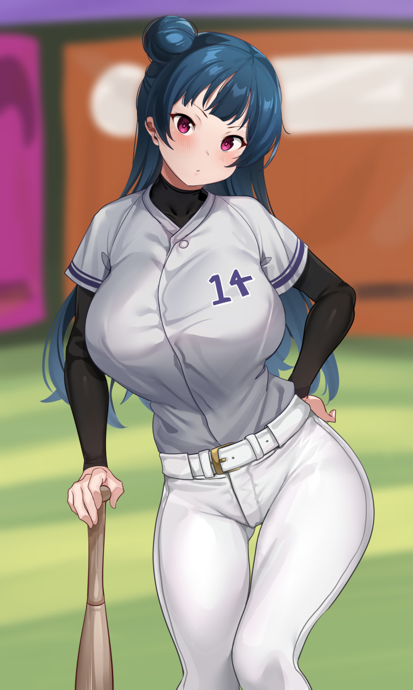 1girl, alternate_breast_size_(larger), baseball_bat, baseball_cap, baseball_uniform, belt, black_shirt, blurry