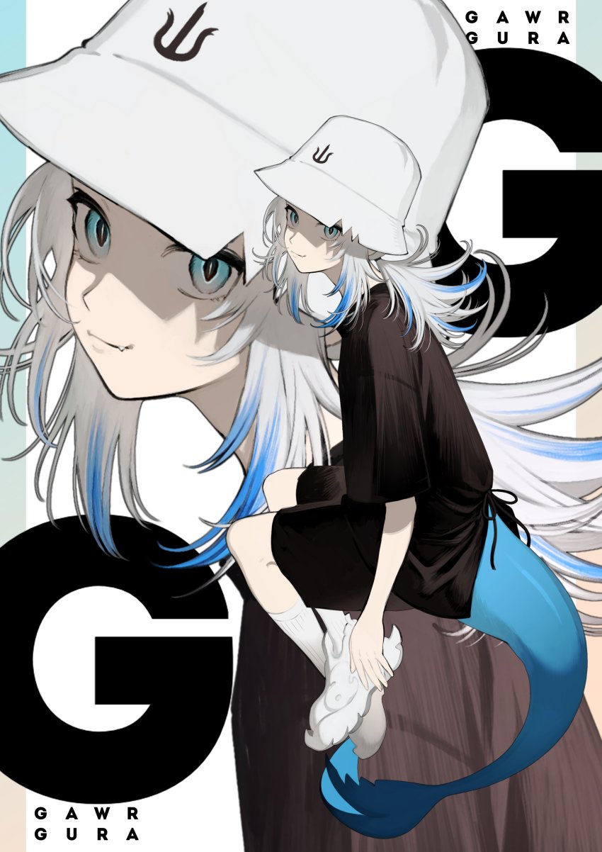 1girl, a_(phrase), absurdres, alternate_costume, artist_request, black_shirt, black_shorts, blue_eyes