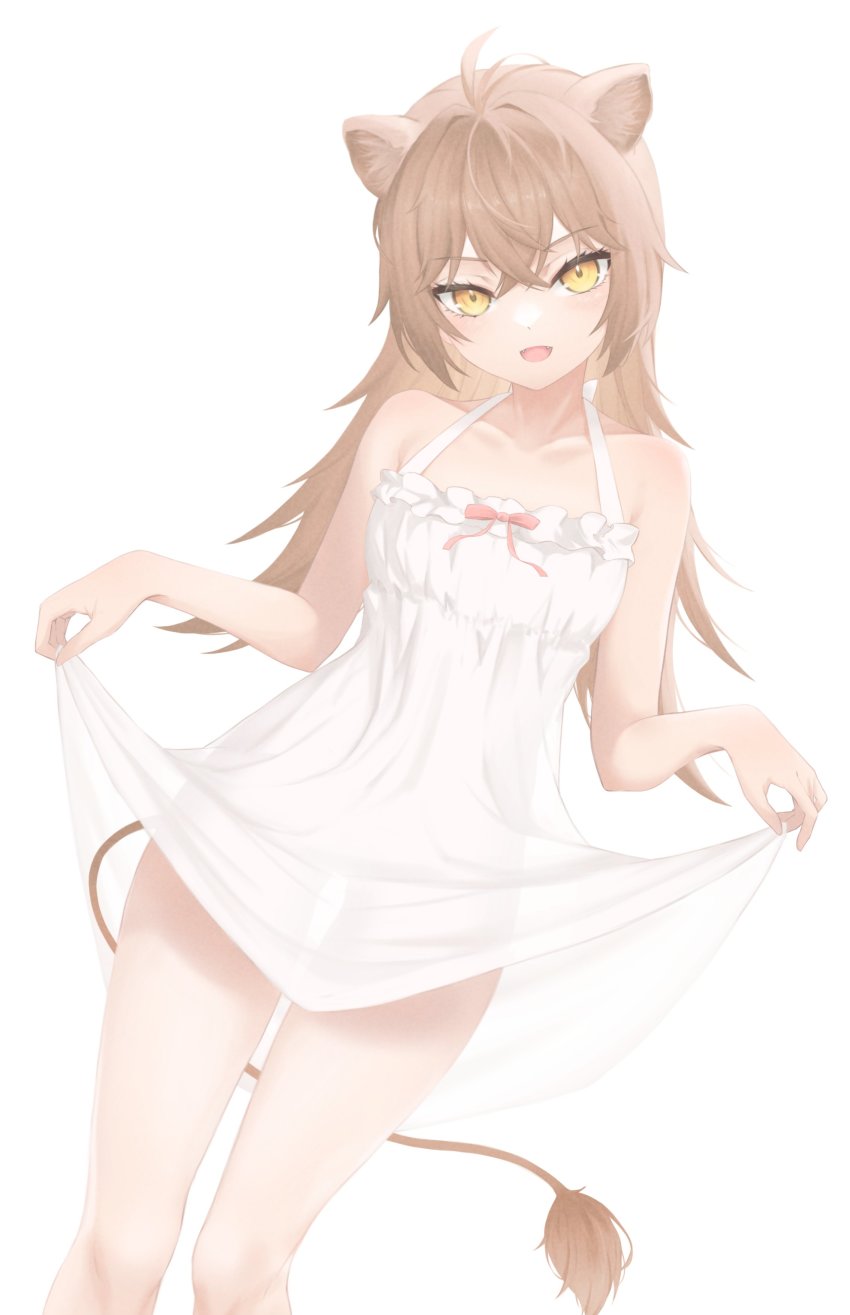 1girl, a9_(repainter), absurdres, ahoge, animal_ears, breasts, brown_hair, commentary, dress, dutch_angle, feet_out_of_frame, highres, holding_own_dress, indie_virtual_youtuber, lion_ears, lion_girl, lion_tail, looking_at_viewer, open_mouth, rurudo_lion, rurudo_lion_(1st_costume), see-through_silhouette, short_dress, simple_background, small_breasts, solo, standing, sundress, tail, untranslatable_commentary, virtual_youtuber, white_background, white_dress, yellow_eyes