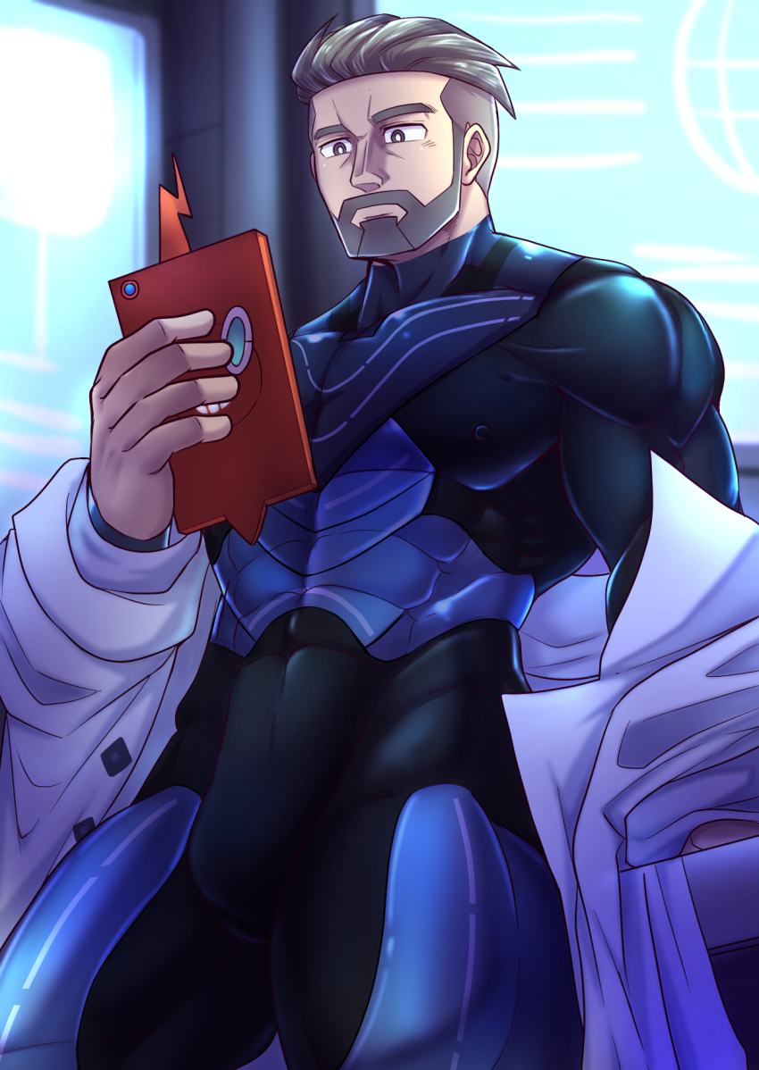 1boy, abs, bara, beard, biceps, bodysuit, coat, collared_coat