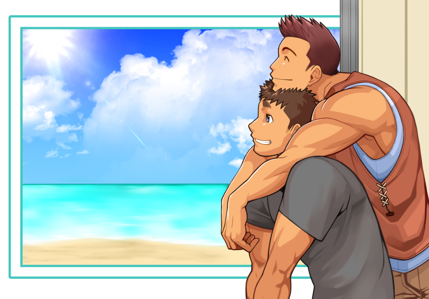 2boys, armpits, bara, biceps, blue_eyes, brown_hair, building, closed_eyes