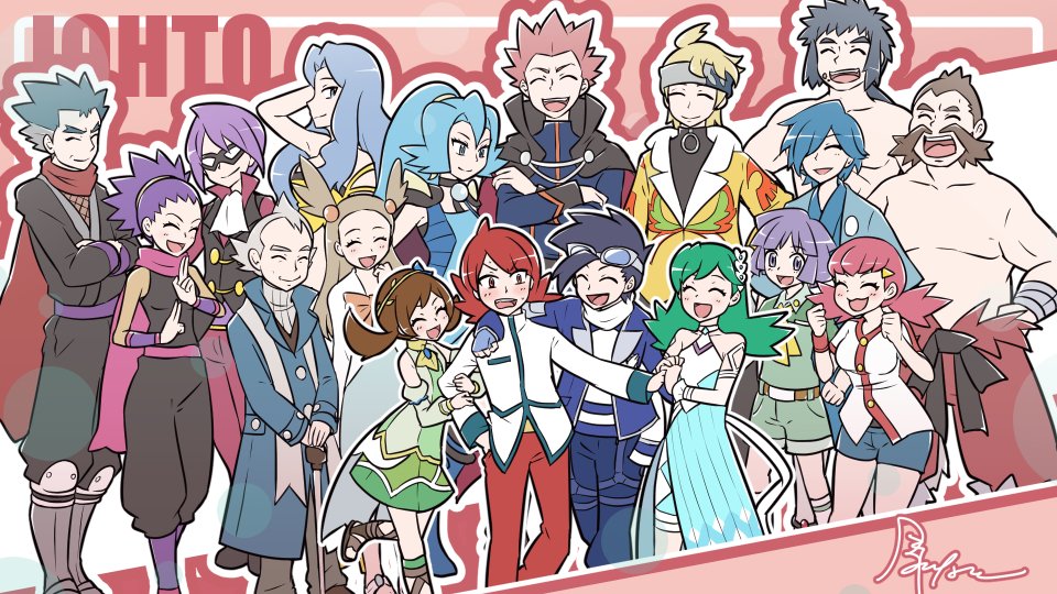 6+boys, 6+girls, alternate_color, blonde_hair, blue_hair, blush, breasts, bruno_(pokemon), bugsy_(pokemon), cane, cape, chuck_(pokemon), clair_(pokemon), closed_eyes, crossed_arms, elite_four, ethan_(pokemon), ethan_(sygna_suit)_(pokemon), eyewear_on_head, facial_hair, falkner_(pokemon), flower, goggles, grey_hair, gym_leader, hair_bobbles, hair_flower, hair_ornament, hair_over_one_eye, halterneck, hand_on_another's_shoulder, happy, holding_hands, jacket, janine_(pokemon), karen_(pokemon), koga_(pokemon), kris_(pokemon), kris_(sygna_suit)_(pokemon), lance_(pokemon), lyra_(pokemon), lyra_(sygna_suit)_(pokemon), mask, morty_(pokemon), morty_(sygna_suit)_(pokemon), multiple_boys, multiple_girls, nintendo, official_alternate_costume, open_mouth, pokemon, pokemon_heartgold_and_soulsilver, pokemon_masters_ex, pryce_(pokemon), purple_hair, red_hair, scarf, signature, silver_(pokemon), smile, topless_male, twintails, whitney_(pokemon), will_(pokemon), yuki_mura_1031