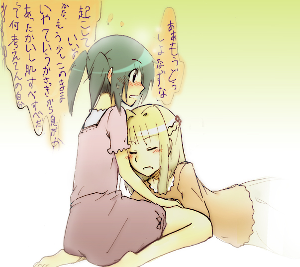 2girls, bad_id, bad_pixiv_id, closed_eyes, fujiaki_subaru, half_updo, hidamari_sketch, multiple_girls, nazuna_(hidamari_sketch), nori_(hidamari_sketch), translation_request, yuri