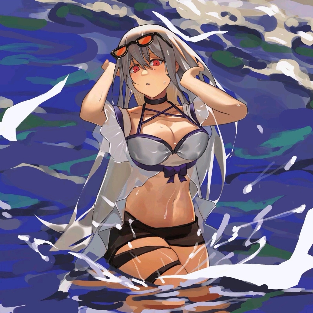 1girl, arknights, arms_up, black_choker, black_shorts, blush, breasts, chinese_commentary, choker, cleavage, collarbone, commentary_request, eyewear_on_head, grey_hair, long_hair, medium_breasts, midriff, navel, off-shoulder_shirt, off_shoulder, official_alternate_costume, on_water, open_mouth, red_eyes, shirt, short_shorts, short_sleeves, shorts, sidongziban, skadi_(arknights), skadi_(waverider)_(arknights), skindentation, solo, stomach, sunglasses, swimsuit, thighs, wading, water, water_drop, wet, white_shirt