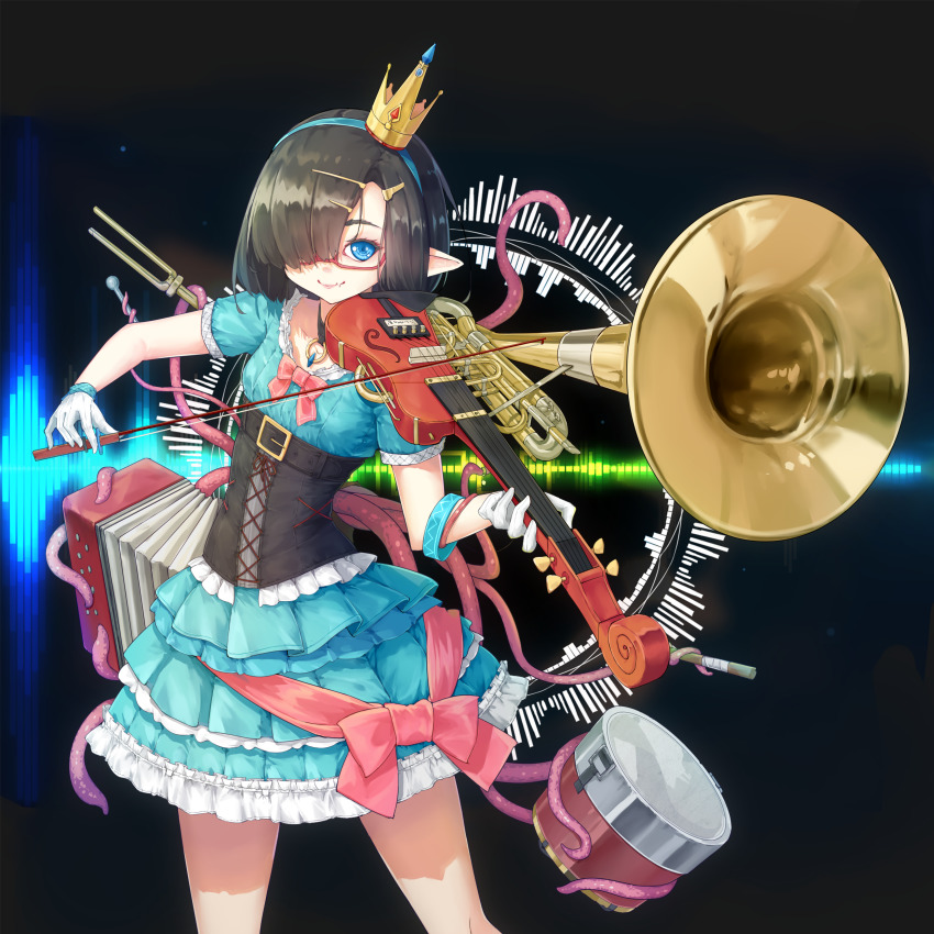 1girl, absurdres, bandonion, black_choker, blue_dress, blue_eyes, blue_hairband, bob_cut, bow, bracelet, breasts, choker, collarbone, commentary_request, cosplay, cowboy_shot, crown, dress, dress_bow, drum, fang, frilled_dress, frills, gloves, hair_ornament, hair_over_one_eye, hairband, hairpin, highres, instrument, jewelry, kearful, lips, looking_at_viewer, manabe_nodoka_(cosplay), medium_hair, music, necklace, one-man_band, original, parted_bangs, pink_bow, playing_instrument, pointy_ears, rectangular_eyewear, red-framed_eyewear, semi-rimless_eyewear, short_sleeves, skin_fang, small_breasts, smile, tentacles, thighs, under-rim_eyewear, underbust, violin, white_gloves