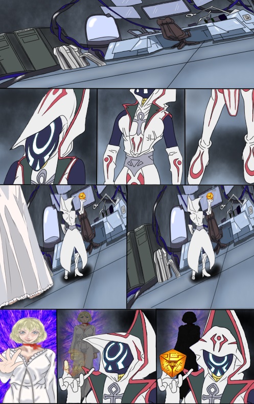 bible_black, blonde_hair, bow, choker, crossover, cube, dress, green_eyes, jody_crowley, magic, millenian, palms, prana_(yu-gi-oh!), unknown, unknown_duelist, white_dress, witch, yu-gi-oh!, yugioh_dsod