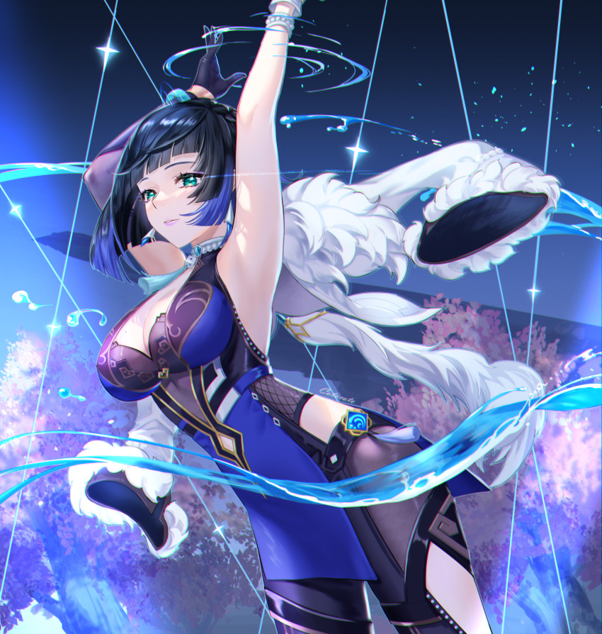 1girl, absurdres, armpits, arms_up, asymmetrical_gloves, bangle, bare_shoulders, bead_choker