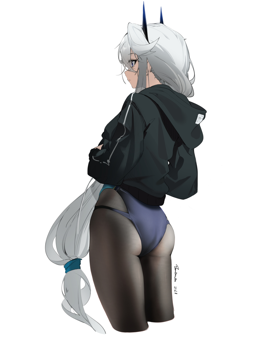 1girl, absurdres, back, black_hoodie, black_pantyhose, blue_eyes, braid, breasts