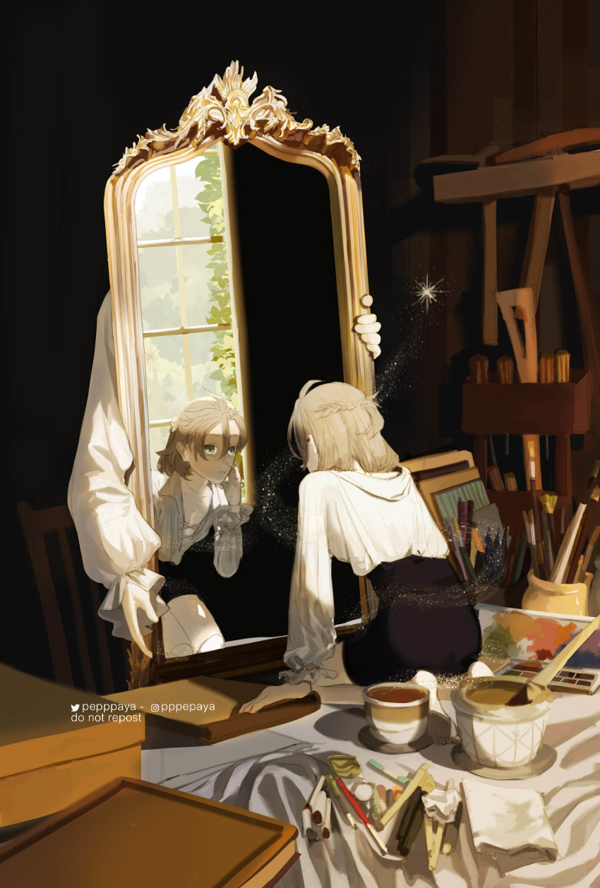 1boy, absurdres, adjusting_hair, ahoge, albedo_(genshin_impact), alternate_costume, alternate_size, art_supplies