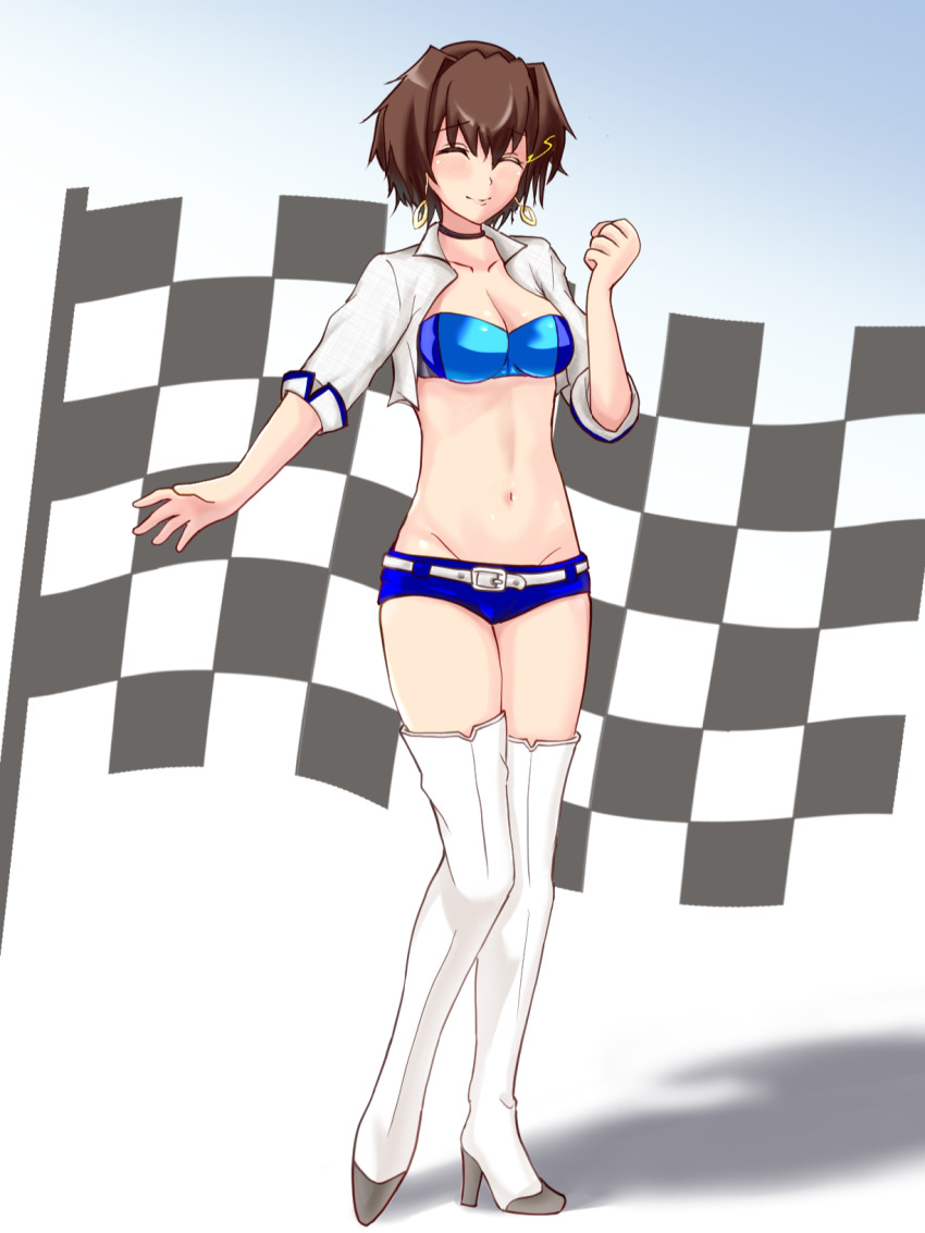 1girl, alternate_costume, bandeau, belt, black_jacket, blue_bandeau, blue_shorts, blush