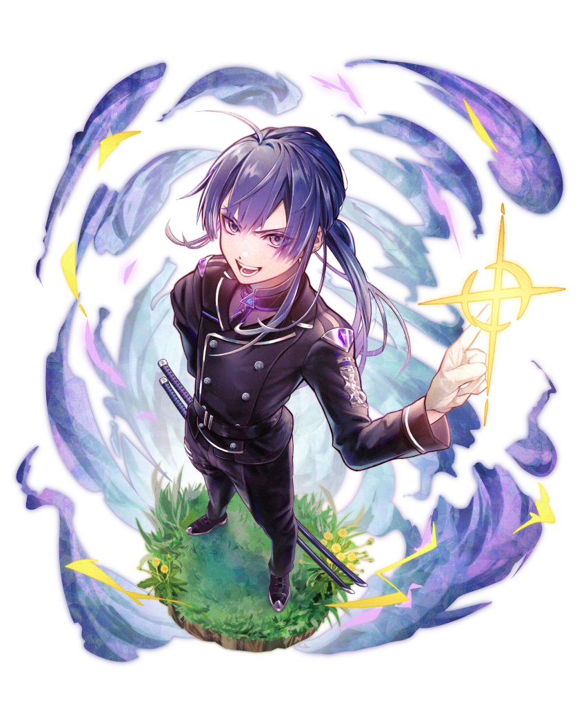 absurdres, blue_hair, buttons, dark_blue_hair, double-breasted, foreshortening, hand_up, highres