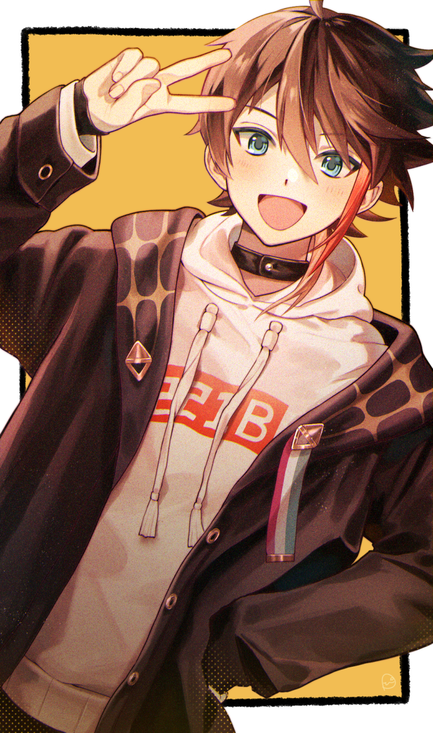 1boy, blue_eyes, brown_hair, brown_jacket, choker, drawstring, dutch_angle, hand_on_own_hip, hand_up, highres, hood, hood_down, hoodie, jacket, looking_at_viewer, male_focus, nijisanji, open_clothes, open_jacket, open_mouth, outside_border, pi_pa, saegusa_akina, smile, solo, upper_body, v, virtual_youtuber, white_hoodie
