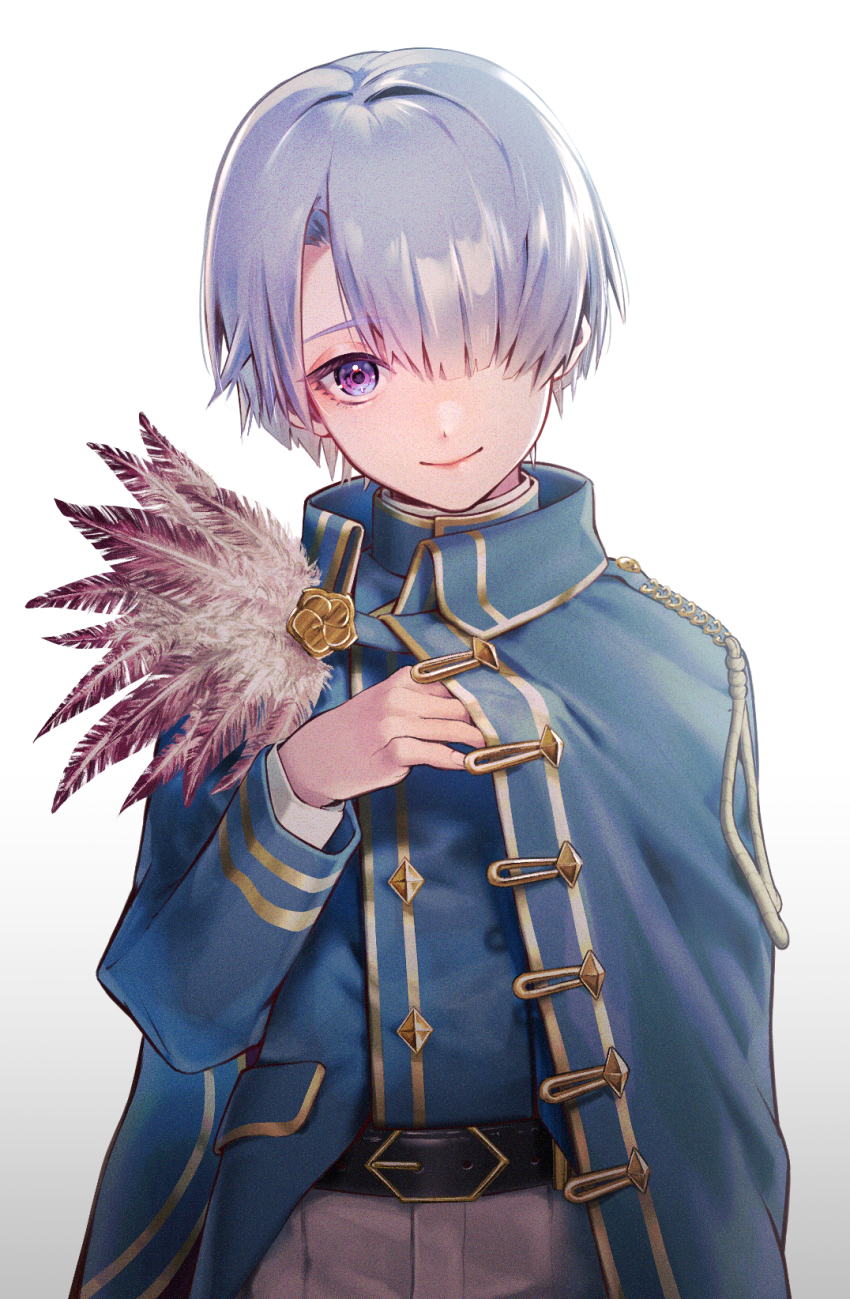 1boy, bad_id, bad_pixiv_id, belt, blue_hair, closed_mouth, feathers, genzuki_toujirou