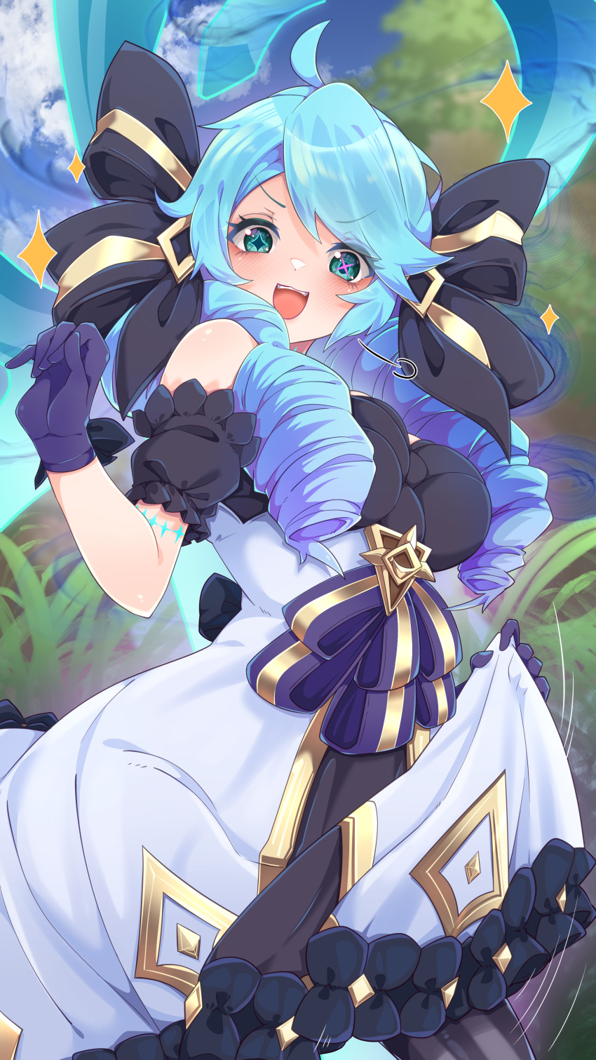 1girl, :d, absurdres, ahoge, bare_shoulders, black_bow, black_dress, black_pantyhose, blue_hair, bow, breasts, day, detached_sleeves, dress, drill_hair, gloves, grass, green_eyes, grey_dress, gwen_(league_of_legends), hair_bow, hand_up, highres, kurarome, large_breasts, league_of_legends, looking_at_viewer, open_mouth, outdoors, pantyhose, puffy_short_sleeves, puffy_sleeves, short_sleeves, smile, solo, sparkle, striped_clothes, striped_pantyhose, teeth, twin_drills, twintails, upper_teeth_only