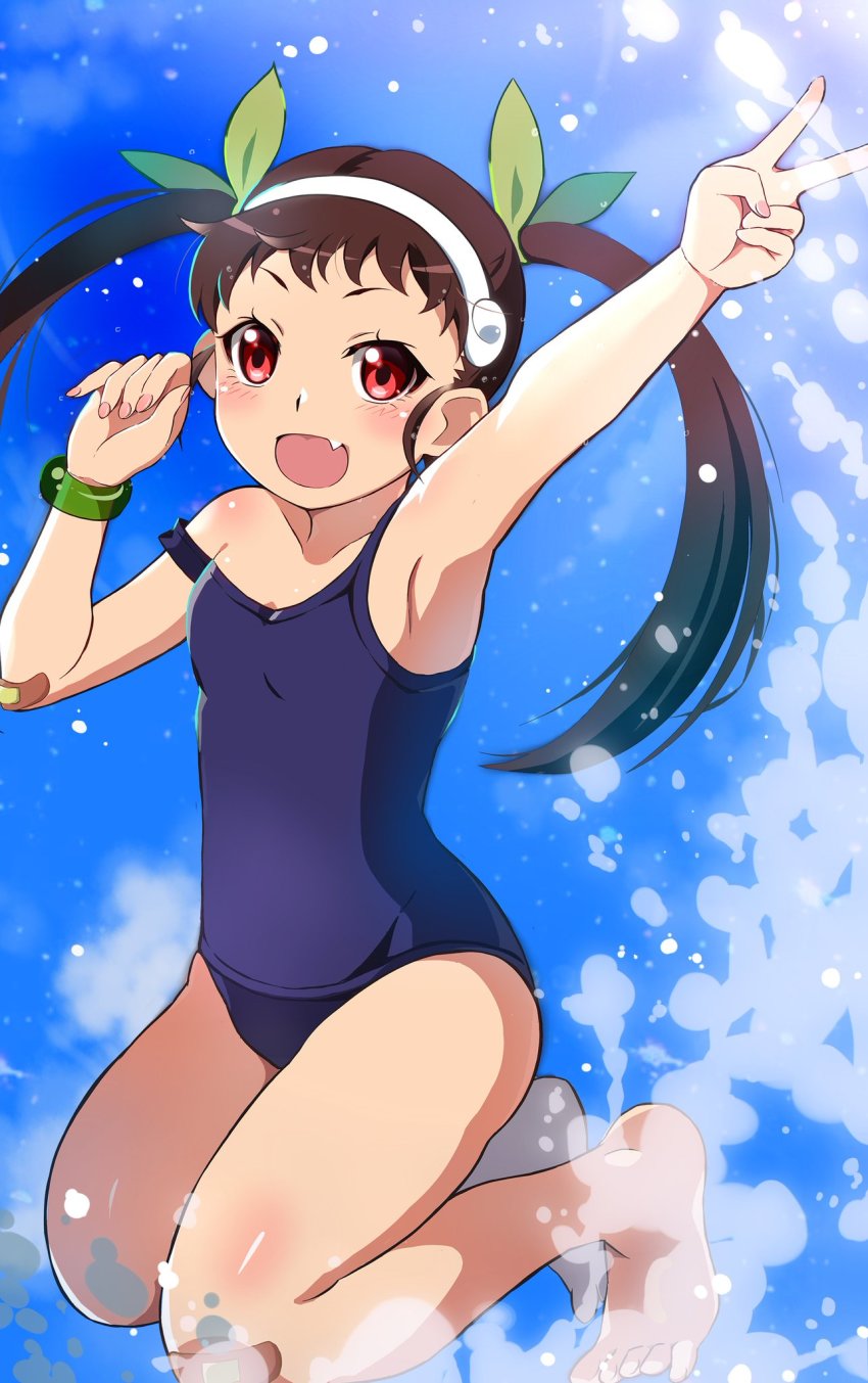1girl, armpits, barefoot, black_hair, feet, hachikuji_mayoi, highres, jumping, mashimaro_tabetai, monogatari_(series), open_mouth, red_eyes, ribbon, school_swimsuit, solo, swimsuit, toes, twintails