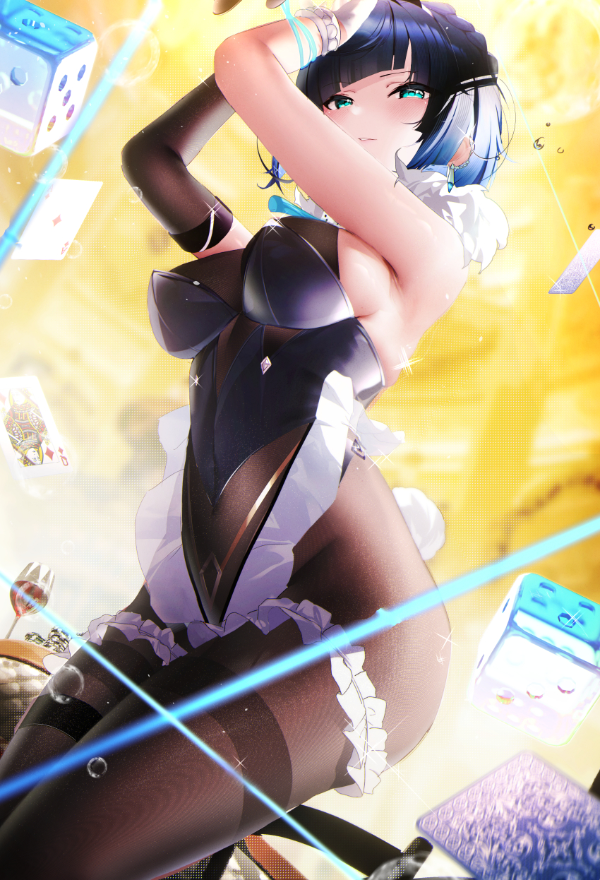 1girl, absurdres, animal_ears, arms_up, asymmetrical_gloves, black_pantyhose, blue_hair, blue_leotard, bracelet, breasts, card, cup, diagonal_bangs, dice, drinking_glass, fantongjun, floating_card, frilled_thigh_strap, frills, genshin_impact, glint, gloves, green_eyes, highres, jewelry, large_breasts, leotard, mismatched_gloves, pantyhose, playboy_bunny, playing_card, poker_chip, queen_(playing_card), queen_of_diamonds, rabbit_ears, rabbit_tail, short_hair, solo, tail, thigh_strap, thighband_pantyhose, uneven_gloves, wine_glass, yelan_(genshin_impact)