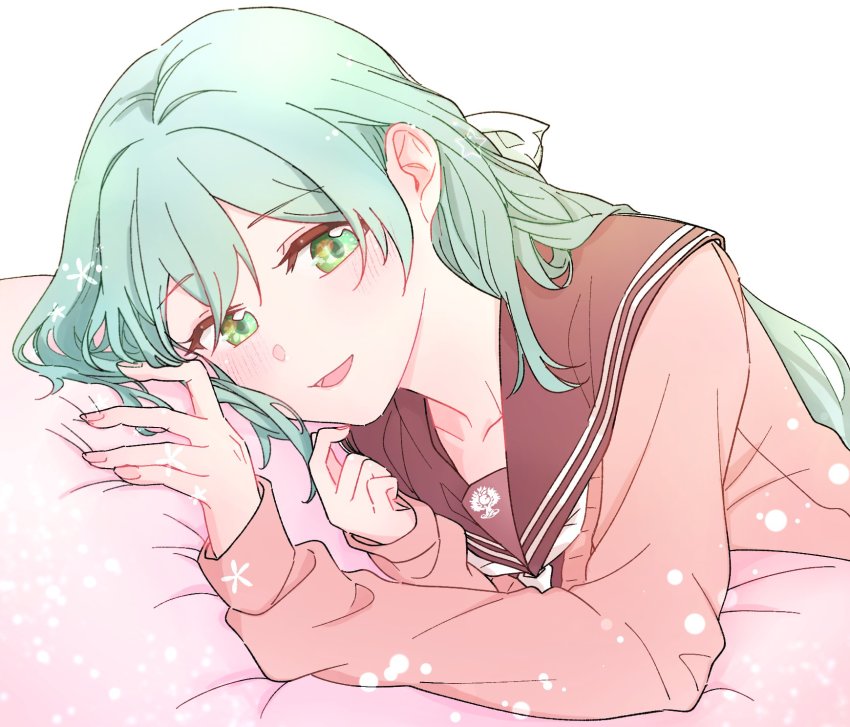 1girl, aqua_hair, assault_lily, blush, bow, brown_cardigan, brown_sailor_collar, cardigan, collarbone, commentary_request, fingernails, green_eyes, hair_between_eyes, hair_bow, hands_up, head_rest, highres, kanba_girls_high_school_uniform, light_particles, long_hair, long_sleeves, looking_at_viewer, lying, neckerchief, noku_(noku0827), on_side, open_mouth, pillow, sailor_collar, school_uniform, serafuku, simple_background, sleeves_past_wrists, smile, solo, star_(symbol), toki_kureha, upper_body, white_background, white_bow, white_neckerchief