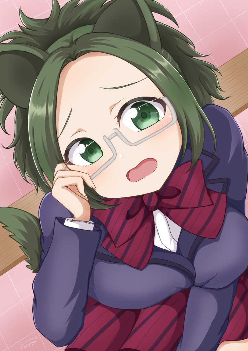 1girl, agari_himiko, animal_ears, breasts, glowing, green_eyes, green_hair, highres, holding, holding_removed_eyewear, itan_private_high_school_uniform, komi-san_wa_komyushou_desu, large_breasts, looking_at_viewer, open_mouth, riayaya, school_uniform, solo, tail, unworn_eyewear