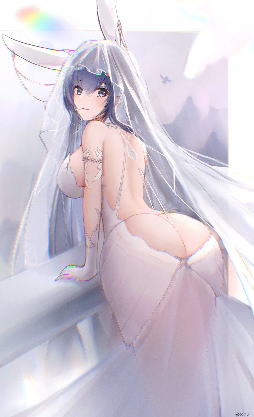 1girl, absurdres, animal_ears, ass, azur_lane, backless_dress, backless_outfit, bare_back, between_buttocks, blue_hair, blush, breasts, bridal_veil, bride, butt_crack, commentary_request, dress, fake_animal_ears, fan_(ariku), from_behind, gloves, highres, large_breasts, long_hair, looking_at_viewer, looking_back, new_jersey_(azur_lane), new_jersey_(snow-white_ceremony)_(azur_lane), official_alternate_costume, rabbit_ears, revision, solo, veil, wedding_dress, white_dress, white_gloves