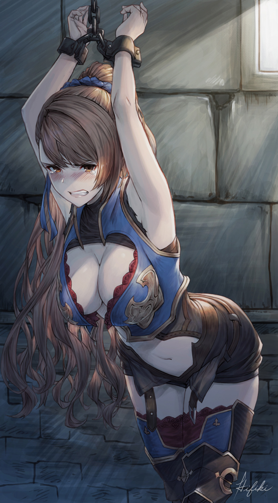1girl, armpits, bdsm, beatrix_(granblue_fantasy), blush, bondage, bound, breasts, brown_eyes, brown_hair, chain, cleavage, clenched_teeth, commission, garter_straps, granblue_fantasy, ivris, large_breasts, long_hair, looking_at_viewer, midriff, navel, ponytail, shorts, skeb_commission, standing, tears, teeth, thighhighs, zettai_ryouiki
