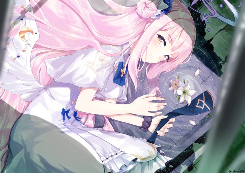 1girl, blue_archive, blue_necktie, capelet, crying, crying_with_eyes_open, dress, feet_out_of_frame