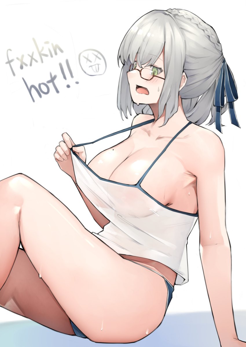 1girl, absurdres, blue_shorts, braid, breasts, censored, censored_text, glasses