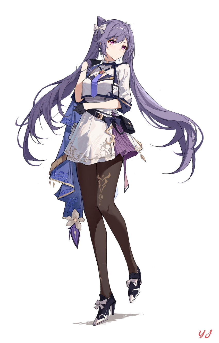 1girl, black_gloves, black_pantyhose, blouse, breasts, eyebrows_hidden_by_hair, genshin_impact, gloves