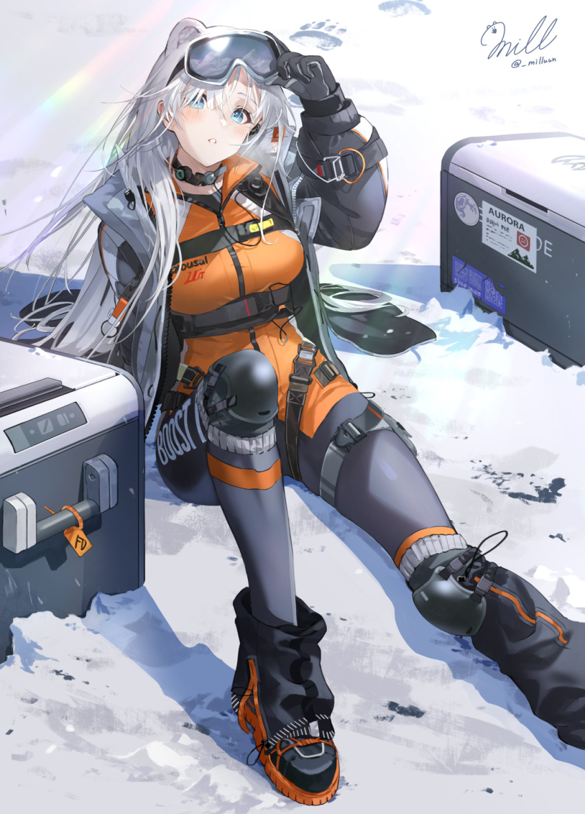 1girl, :o, adjusting_eyewear, animal_ears, ankle_boots, arknights, aurora_(arknights), aurora_(polar_catcher)_(arknights)