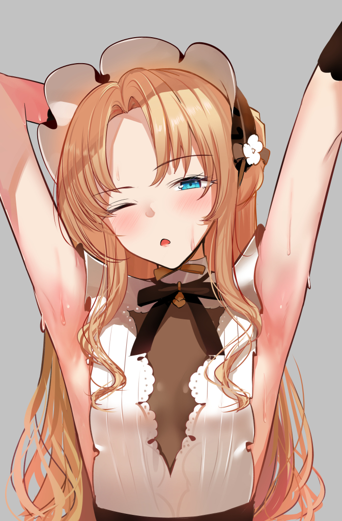 1girl, :o, arm_behind_head, armpits, azur_lane, blonde_hair, blue_eyes, blush, breasts, dress, flower, hair_flower, hair_ornament, hand_up, long_hair, looking_at_viewer, official_alternate_costume, one_eye_closed, open_mouth, parted_lips, presenting_armpit, schreibe_shura, small_breasts, solo, sweat, sweatdrop, upper_body, vanguard_(azur_lane), vanguard_(half-hearted_masquerade)_(azur_lane), white_background, white_dress