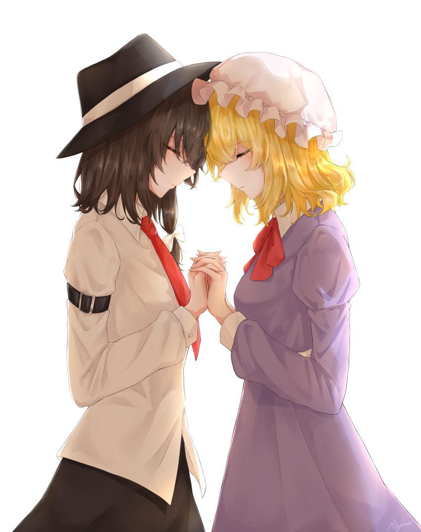 2girls, absurdres, black_skirt, blonde_hair, bow, breasts, brown_hair, capelet