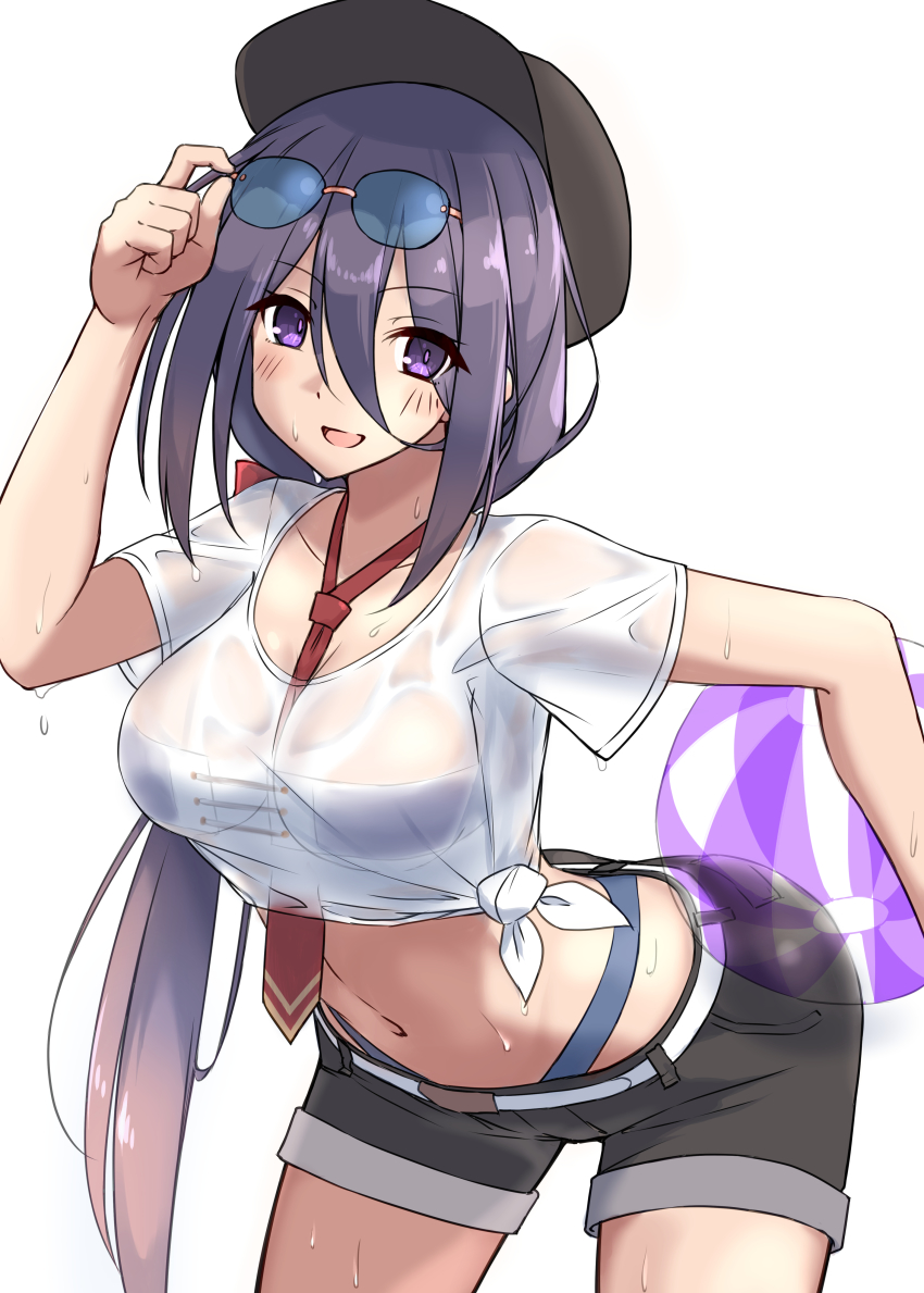 absurdres, ariake_(kancolle), ariake_(swimsuit)_(kancolle), ball, beachball, between_breasts, bikini, bikini_under_clothes