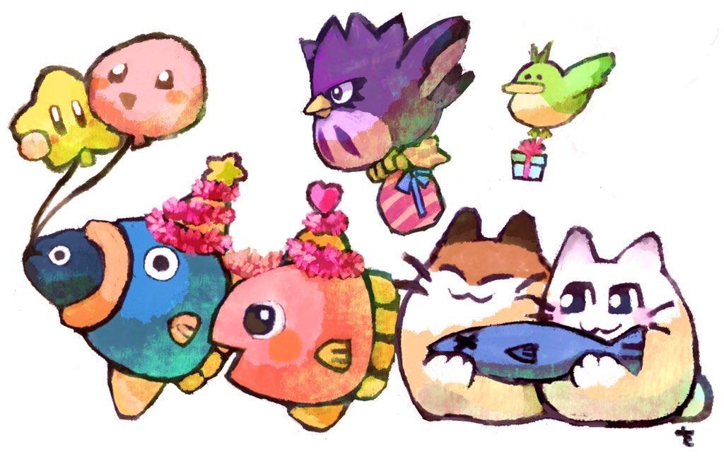 balloon, bird, box, cat, coo_(kirby), fish, flying, gift