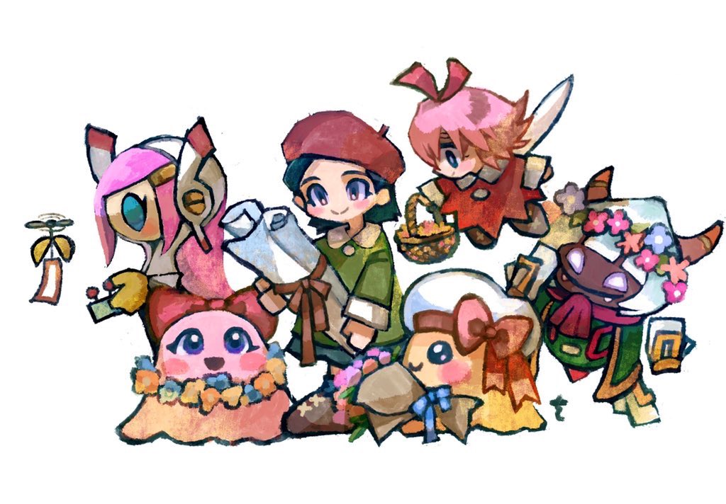 adeleine, beret, black_hair, blue_hair, blush, chuchu_(kirby), fairy_wings, fangs, flower, flower_on_head, hat, horns, kirby_(series), long_hair, nintendo, nyupun_(kirby), pink_hair, ribbon_(kirby), sailor_collar, scarf, short_hair, smile, susie_(kirby), taranza, white_hair, wings, wreath, wuu211211