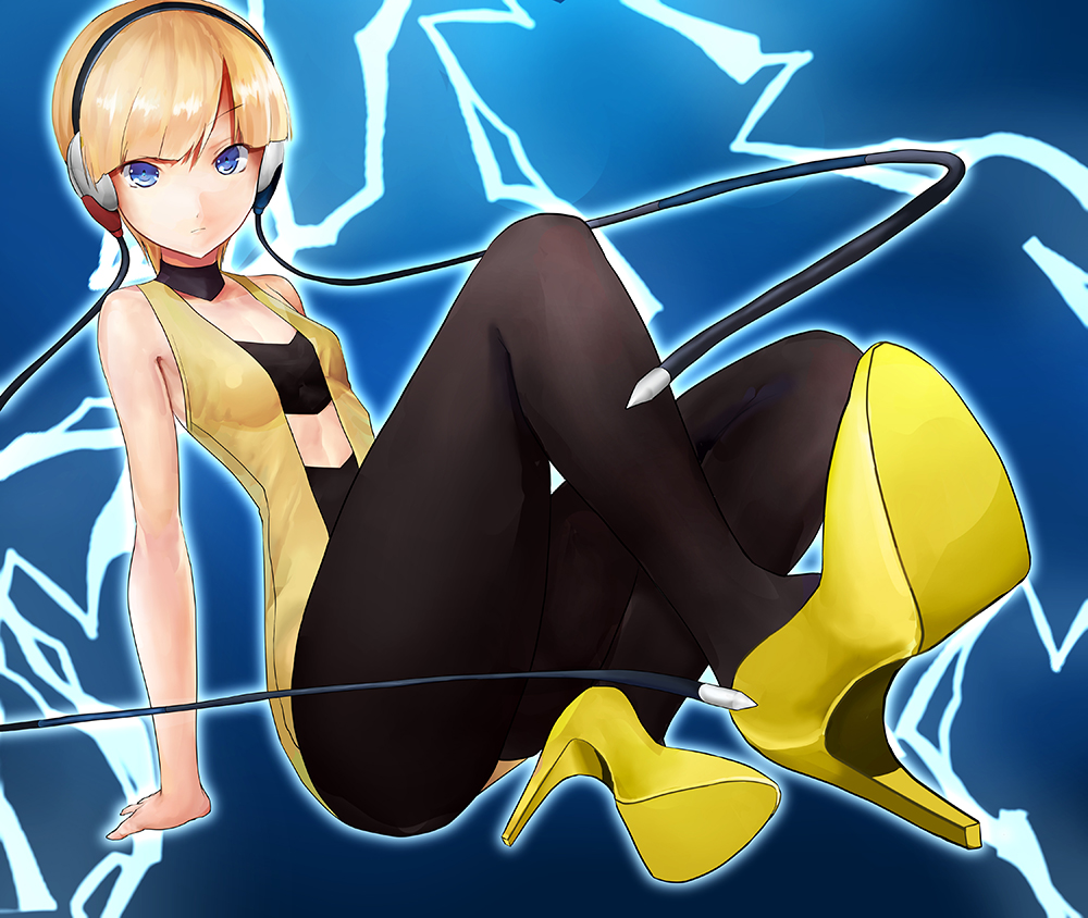 aqua_eyes, arm_support, bare_shoulders, black_choker, black_headwear, black_pantyhose, blonde_hair, blue_eyes