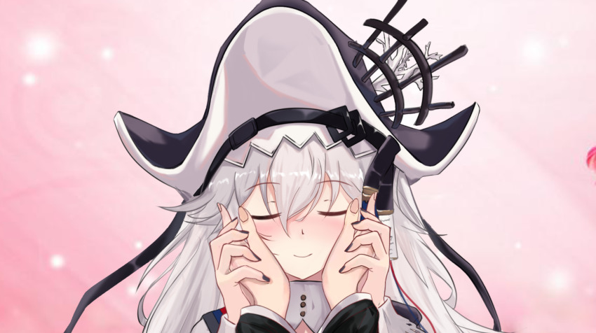 1girl, 1other, arknights, black_headwear, black_nails, blush, closed_eyes, closed_mouth