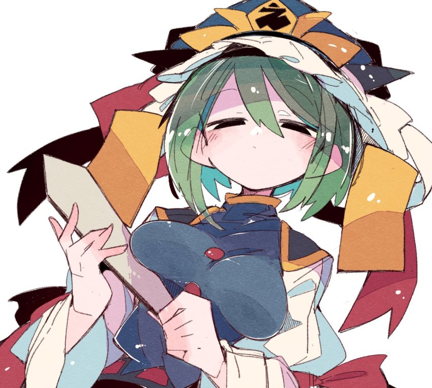 1girl, blue_vest, bow, breasts, buttons, green_hair, highres, long_sleeves