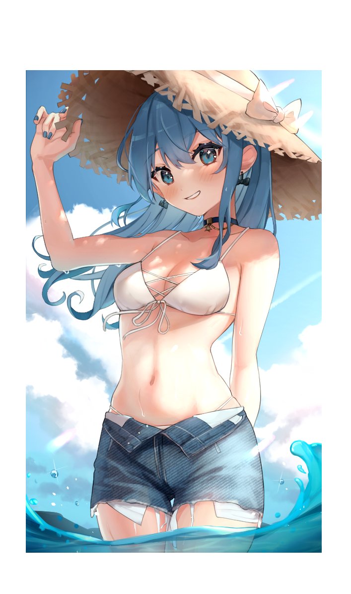 1girl, alternate_breast_size, bikini, blue_eyes, blue_hair, blue_nails, breasts, choker, denim, denim_shorts, earrings, grin, gyudon_uma, hat, hololive, hoshimachi_suisei, jewelry, long_hair, medium_breasts, midriff, nail_polish, navel, partially_submerged, shorts, smile, solo, star_(symbol), star_in_eye, straw_hat, swimsuit, symbol_in_eye, virtual_youtuber, water, wet