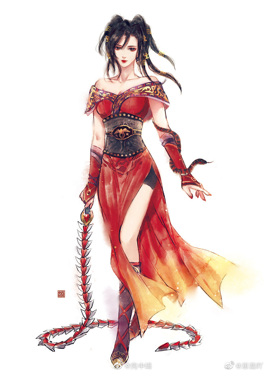 1girl, bare_shoulders, black_hair, boots, chi_lian_(qin_shi_ming_yue), chinese_clothes, dress, full_body, hair_ornament, high_heel_boots, high_heels, highres, holding, holding_whip, qinshi_mingyue, red_dress, red_lips, sash, snake, white_background, zai_zai_a